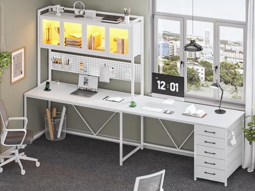 White L Shaped Gaming Desk with Drawers and Hutch T3222