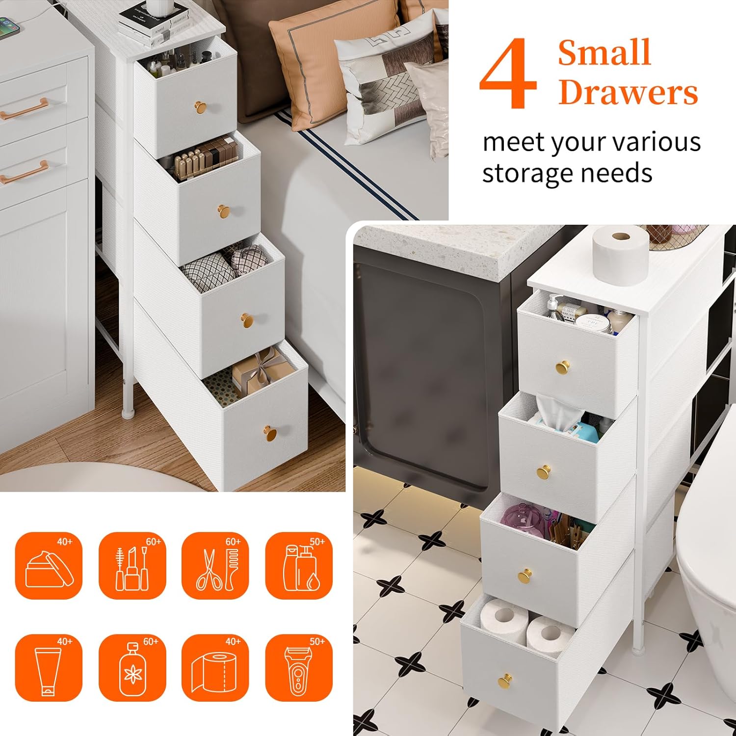 White 4 Drawer Slim Fabric Dresser with Steel Frame and Wood Top R263