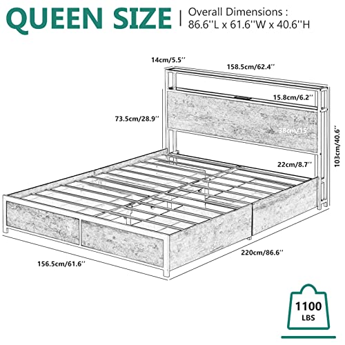 Full Size Metal Bed Frame with Storage Drawers, Rustic Brown M3743