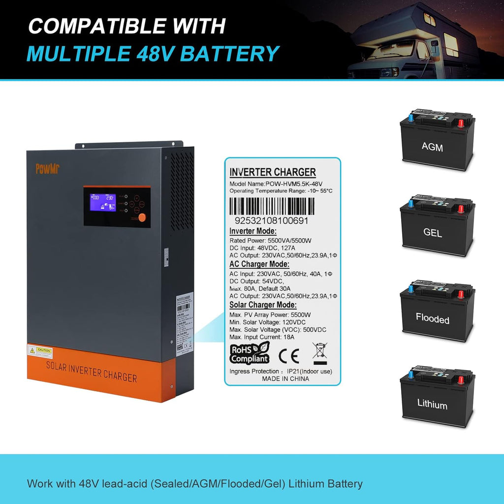 5500W Solar Hybrid Inverter with 80A MPPT Charge Controller 48V DC to 220/230V AC Pure Sine Wave Inverter J849485
