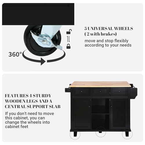 Large Kitchen Island On Wheels with Storage 54in Width Wood Island with Drawers Cabinet Spice Rack Towel Rack A698567