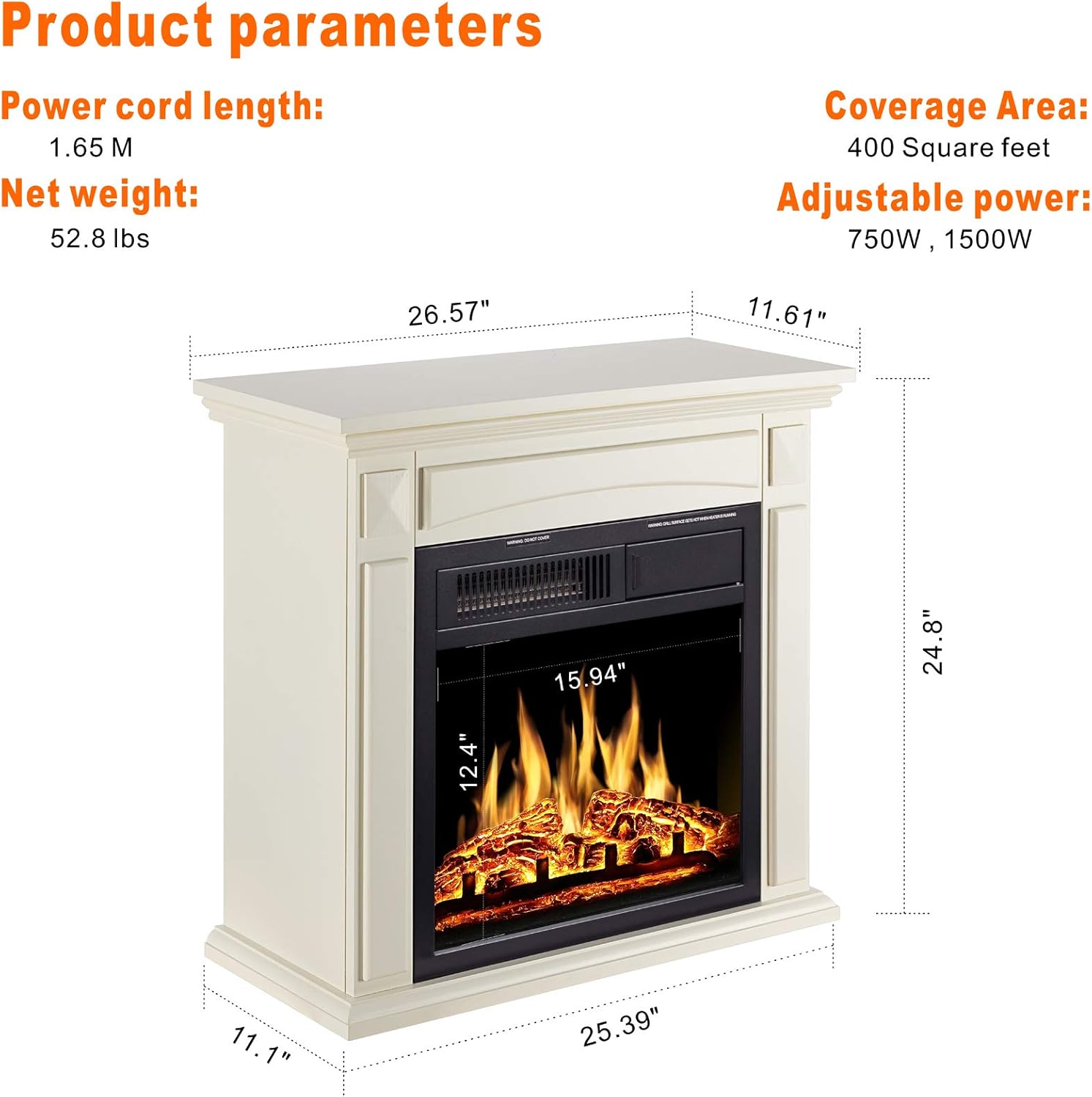 26’’ Electric Fireplace Heater with Remote Control, White S23153