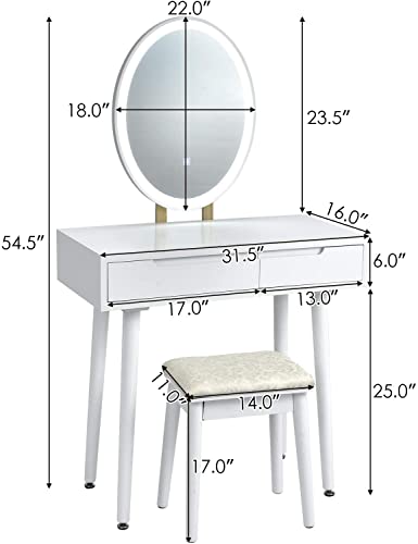 White Wooden Vanity Table Set with 3-Color Lighted Dimming Mirror, Cushioned Stool & 2 Sliding Drawer T611