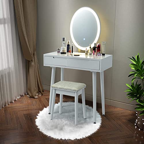 White Wooden Vanity Table Set with 3-Color Lighted Dimming Mirror, Cushioned Stool & 2 Sliding Drawer T611
