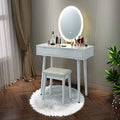 White Wooden Vanity Table Set with 3-Color Lighted Dimming Mirror, Cushioned Stool & 2 Sliding Drawer T611