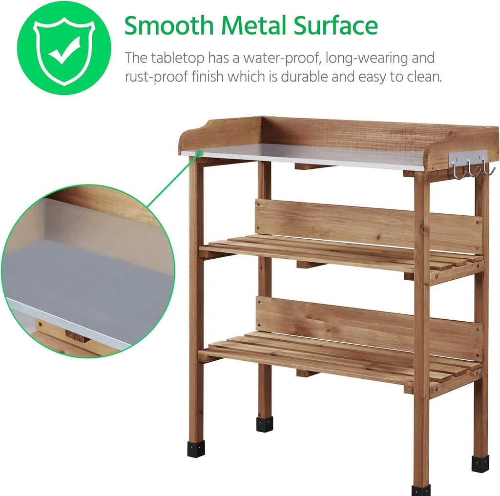 Brown Wooden Potting Bench with Metal Tabletop and Storage Shelf C4281
