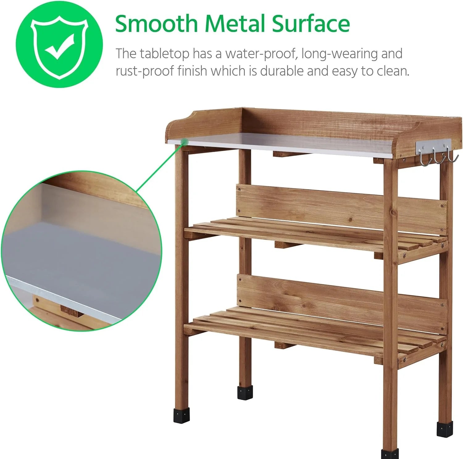 Brown Wooden Potting Bench with Metal Tabletop and Storage Shelf C4281
