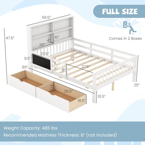 White Full Size Solid Wood Bed Frame with 2 Storage Drawers T854313