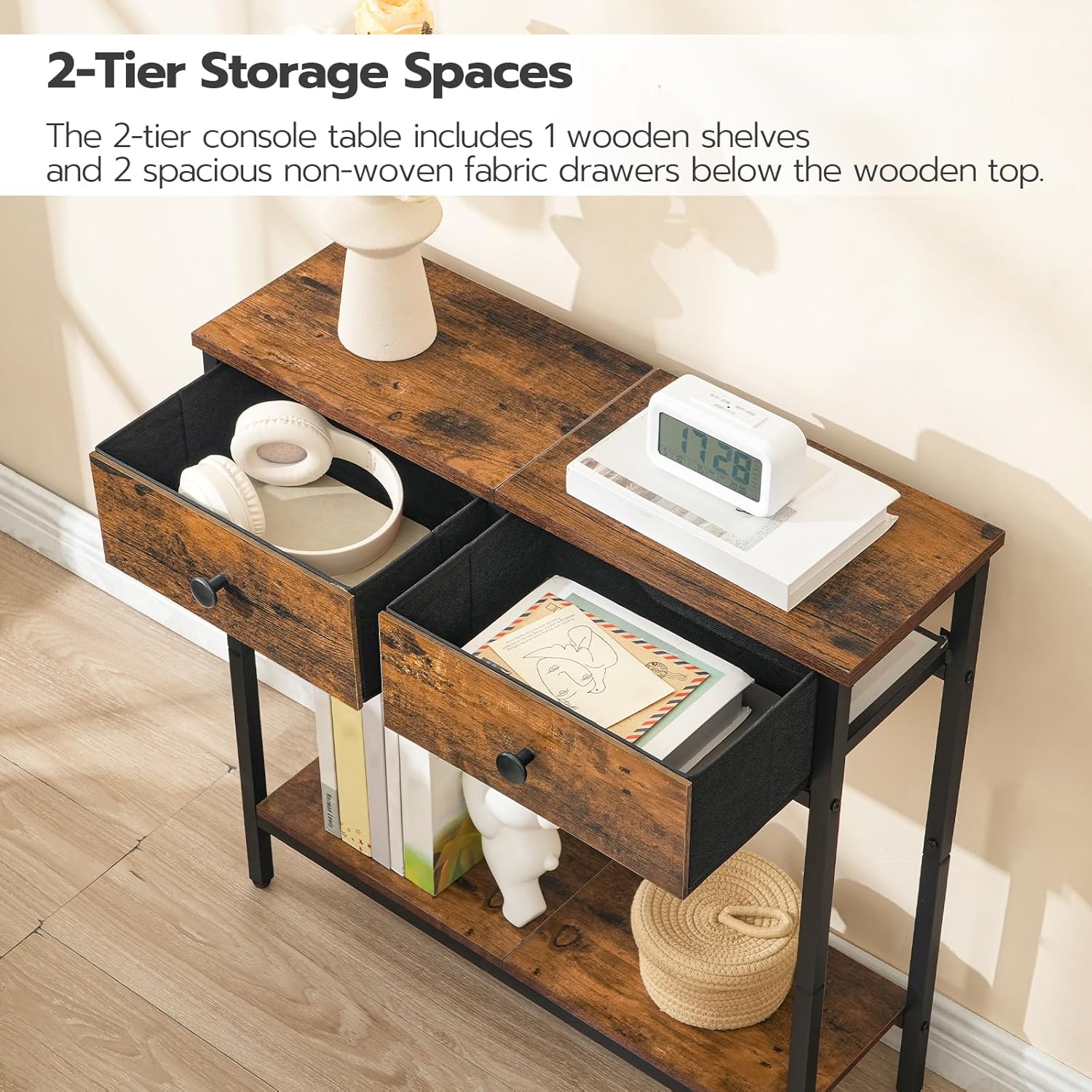 Rustic Brown and Black Narrow Console Table with 2 Fabric Drawers C643
