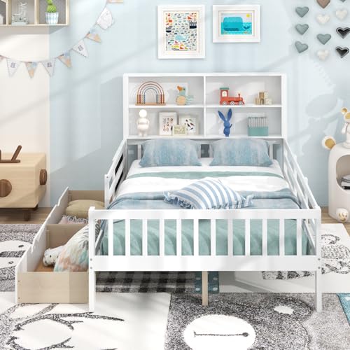 White Full Size Solid Wood Bed Frame with 2 Storage Drawers T854313