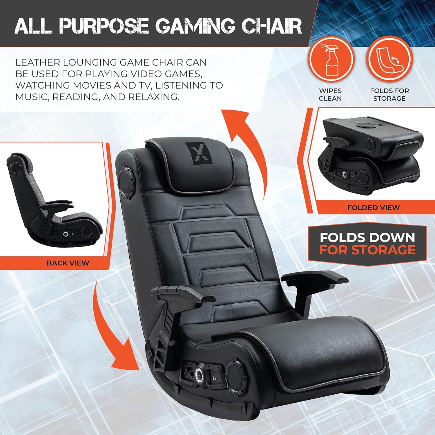 Black Leather Vibrating Floor Gaming Chair with Headrest D446