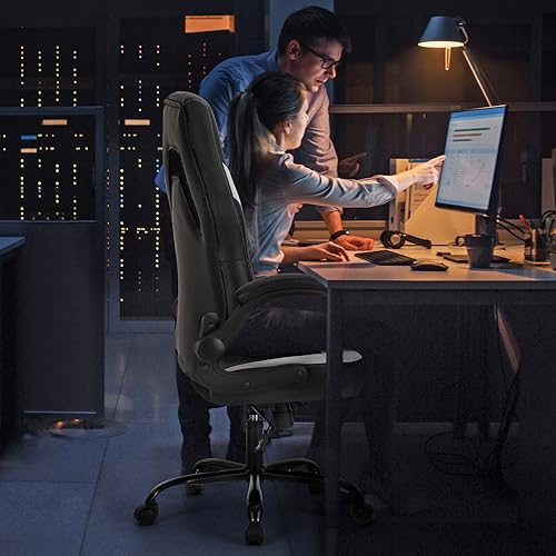 Black White Ergonomic PU Leather Swivel Desk Chair with Flip-up Armrest J9320