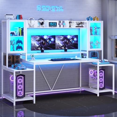 White 74.8'' Gaming Desk with LED Lights, Hutch and Storage Shelves I927581