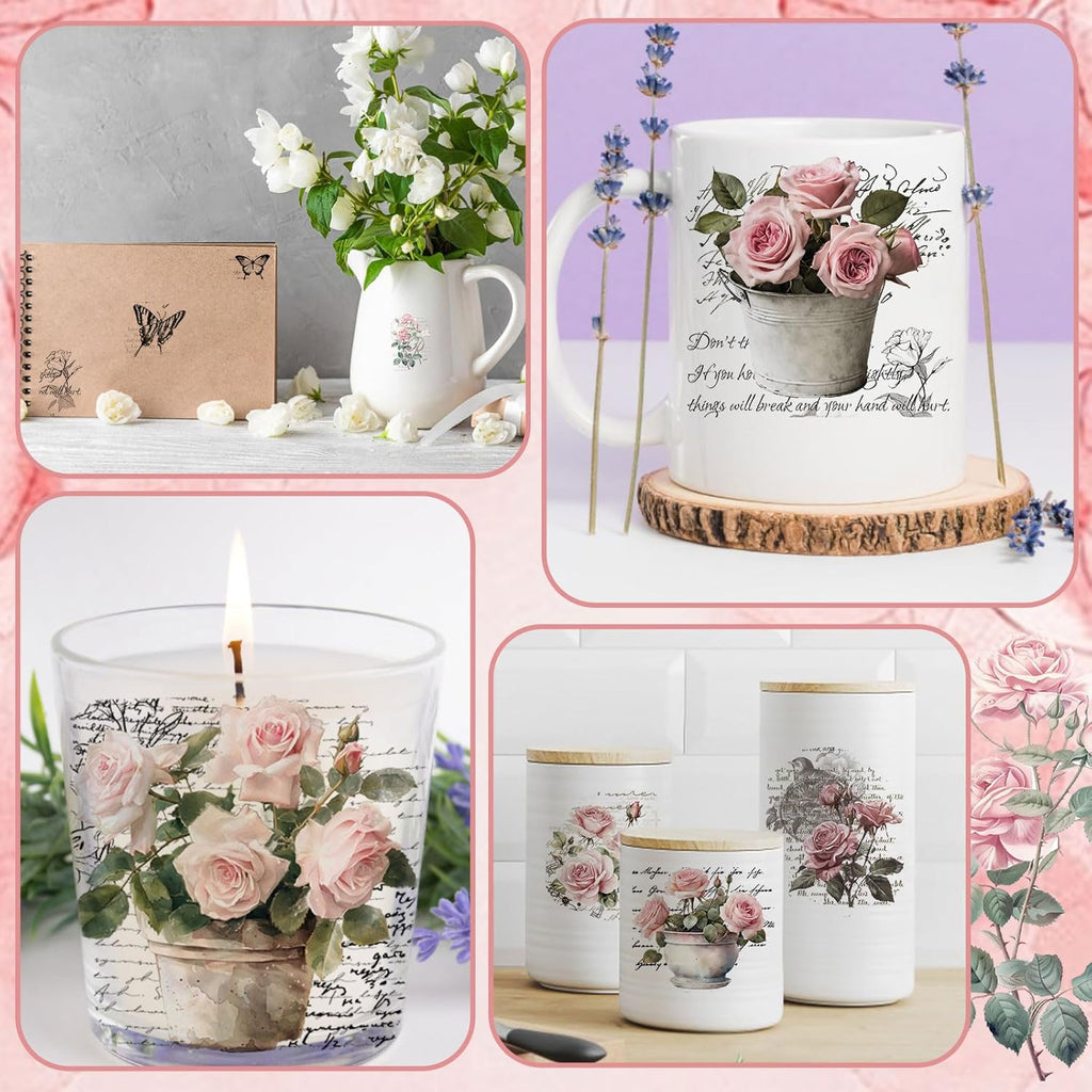 Vintage Pink Rose Waterproof Transfer Stickers, 10 Sheets, 11.8 * 3.9in V321447