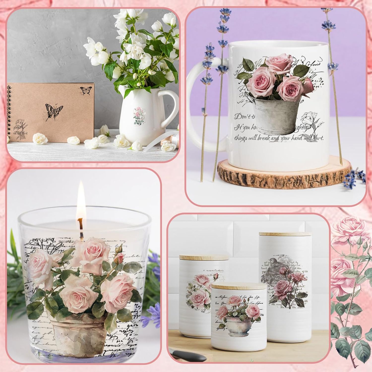 Vintage Pink Rose Waterproof Transfer Stickers, 10 Sheets, 11.8 * 3.9in V321447
