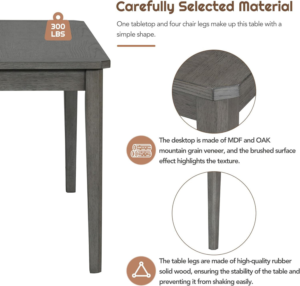 6-Piece Dining Table Set with 4 Upholstered Chairs and 1 Bench, Solid Wood, Dark Gray E50279