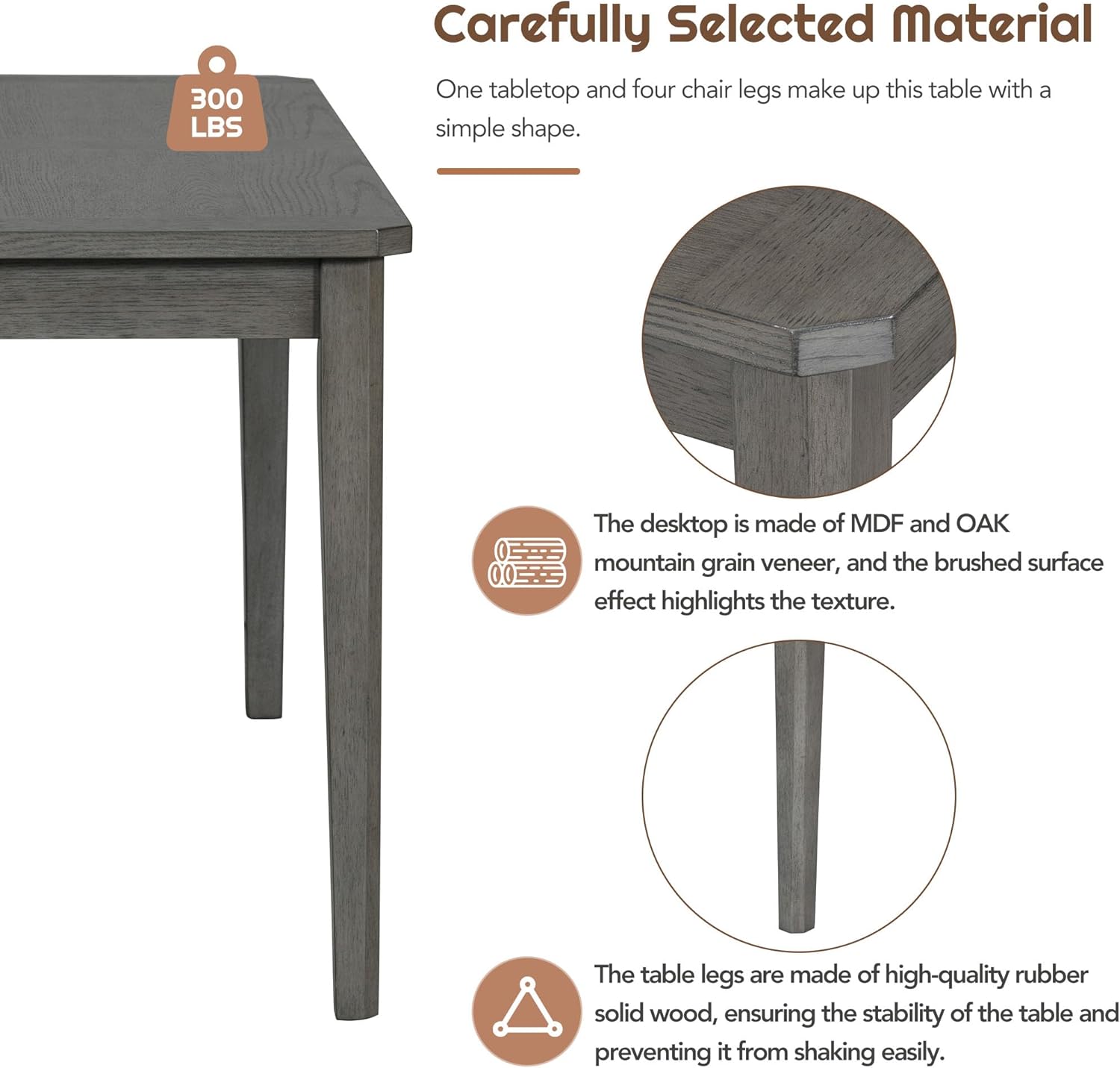 6-Piece Dining Table Set with 4 Upholstered Chairs and 1 Bench, Solid Wood, Dark Gray E50279