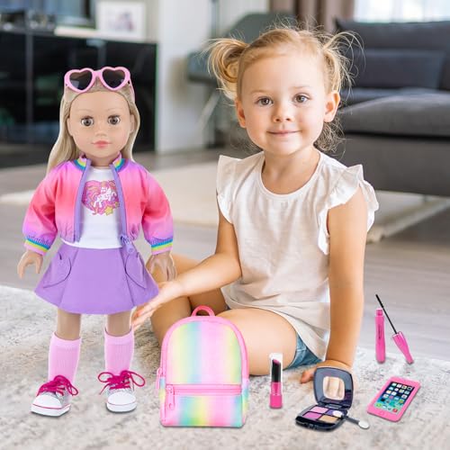 18 Inch Doll Clothes and Makeup Accessories Set with Rainbow Backpack O189