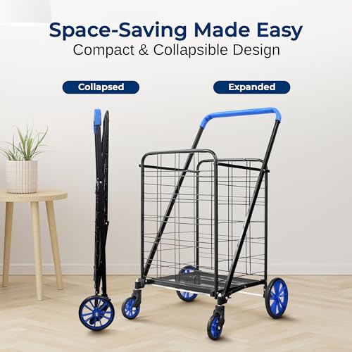 Folding Grocery Utility Shopping Cart with 360 Swivel Wheels, Double Basket, 110 lbs Capacity A450