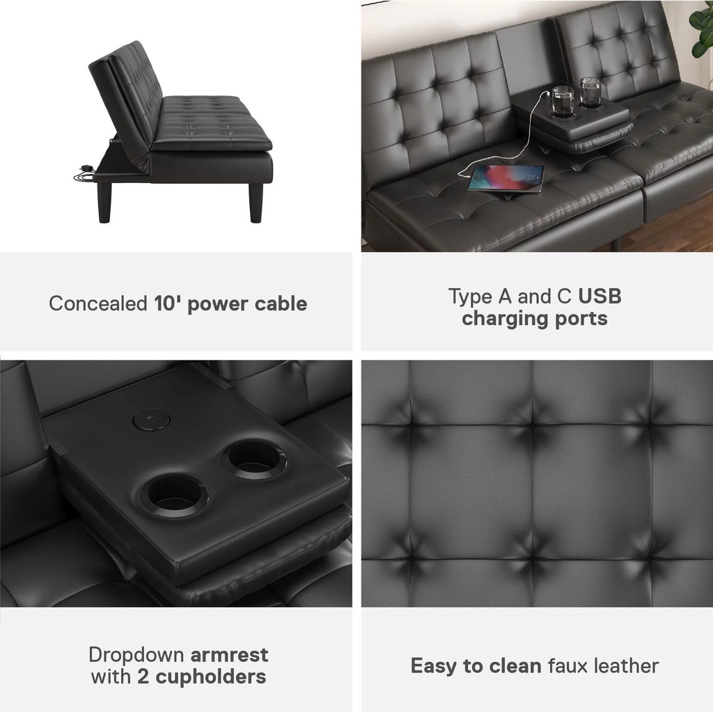 Black Faux Leather Memory Foam Futon with Cupholder and USB S276311