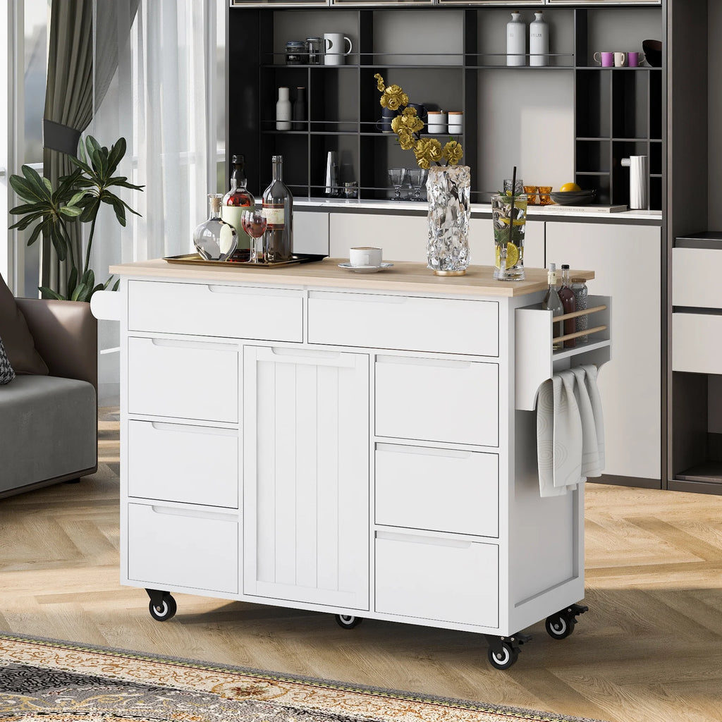 Rolling Kitchen Island with Storage, Rubber Wood Mobile Kitchen Cart with Lockable Wheels, Drawers, Shelves Q9277