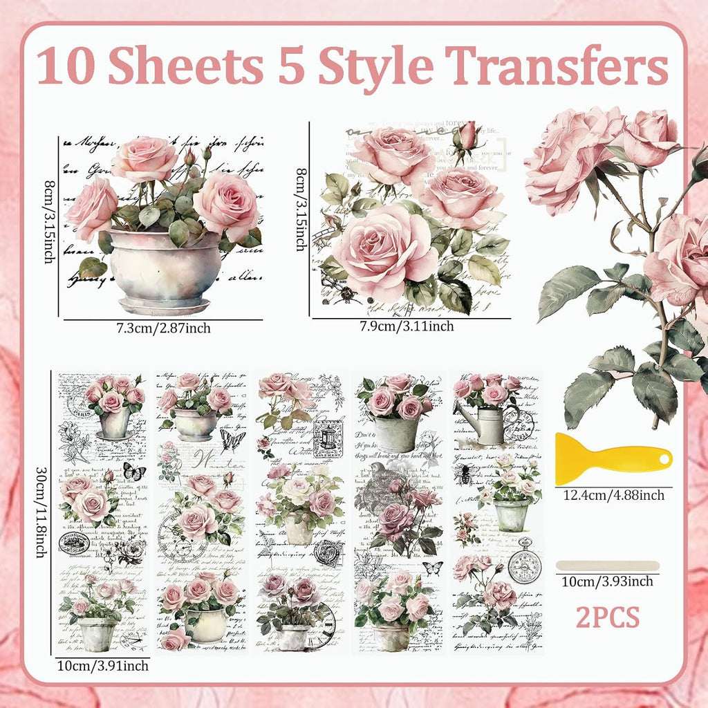 Vintage Pink Rose Waterproof Transfer Stickers, 10 Sheets, 11.8 * 3.9in V321447