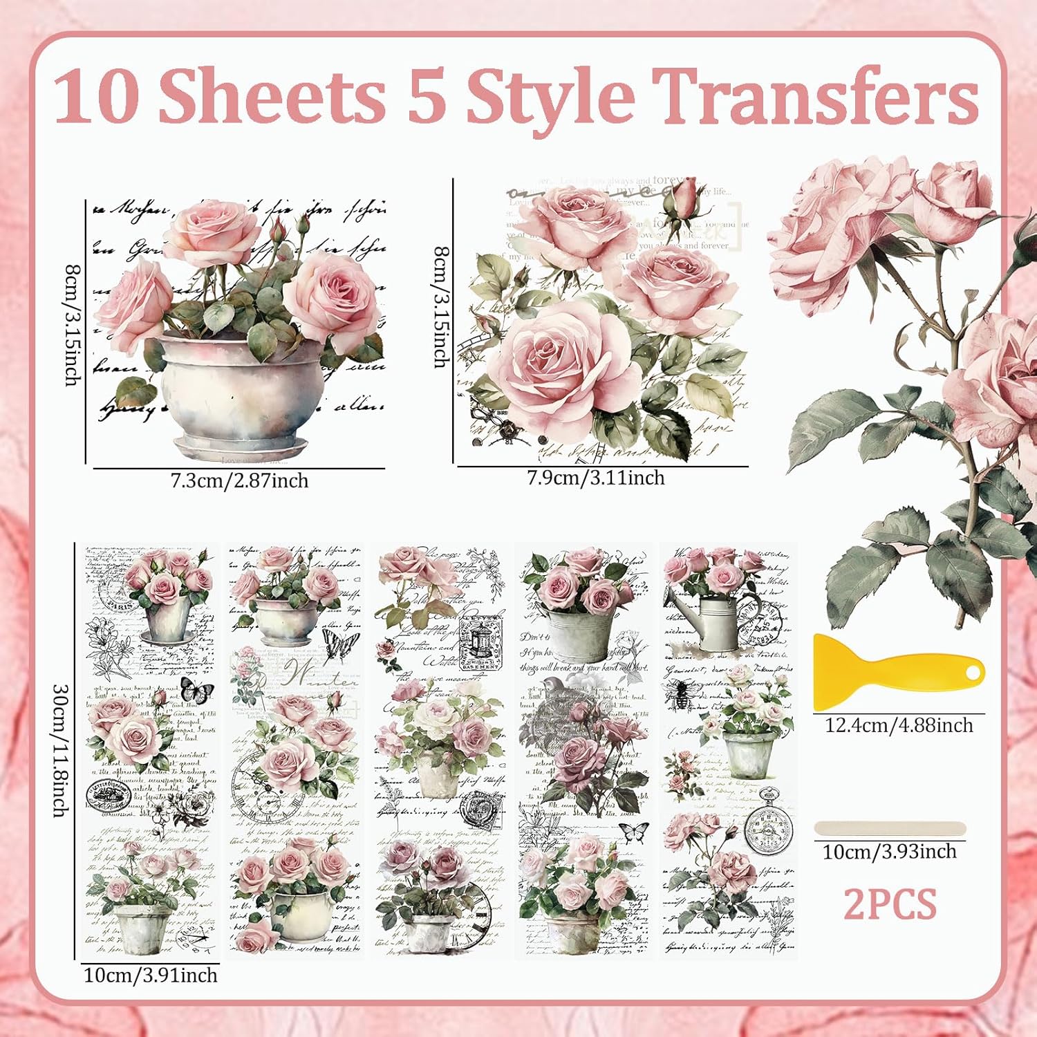 Vintage Pink Rose Waterproof Transfer Stickers, 10 Sheets, 11.8 * 3.9in V321447
