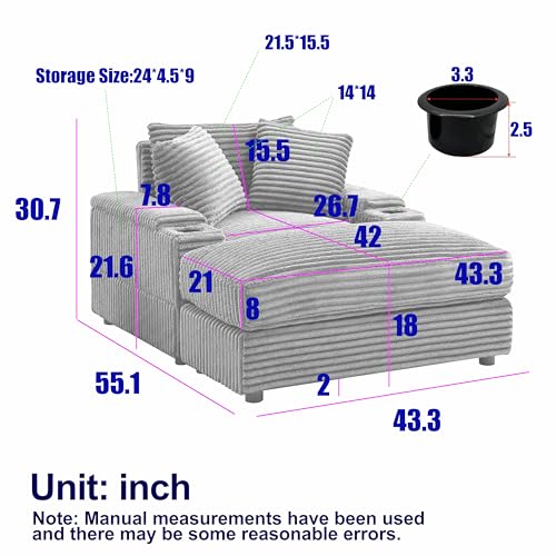 Oversized Corduroy Convertible Sleeper Sofa with Ottoman, Grey E741278