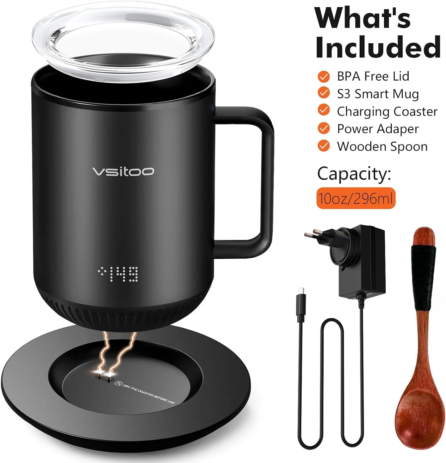 Black Self Heating Coffee Mug 10 oz with Lid F258