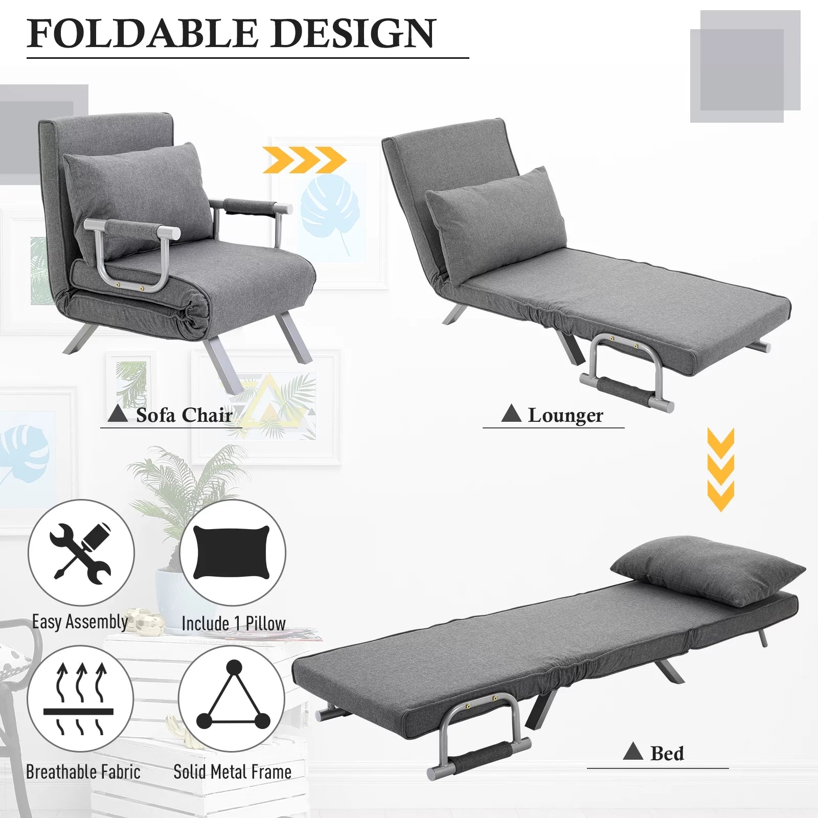 Light Grey Folding Sofa Bed Sleeper Chair U6839
