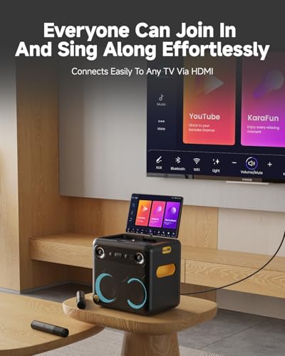 Smart Karaoke Machine with Lyrics Display, 32GB, 2 Wireless Mics, 300W Peak Power, 4 DJ Lights N14208