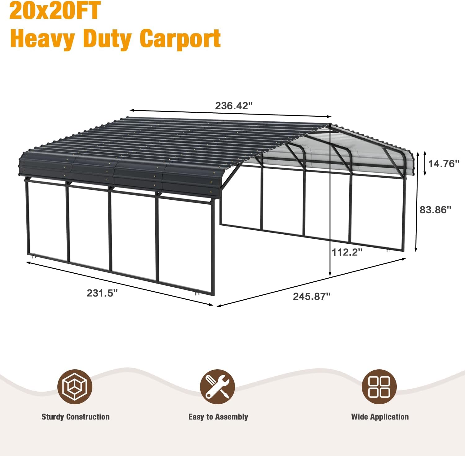 20' x 20' Metal Carport with Galvanized Steel Roof, Grey W377219