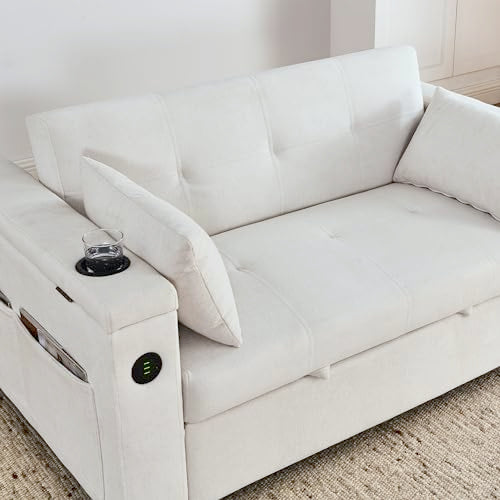 White Chenille 2-Seater Convertible Sofa Bed with USB Power Outlet N6575