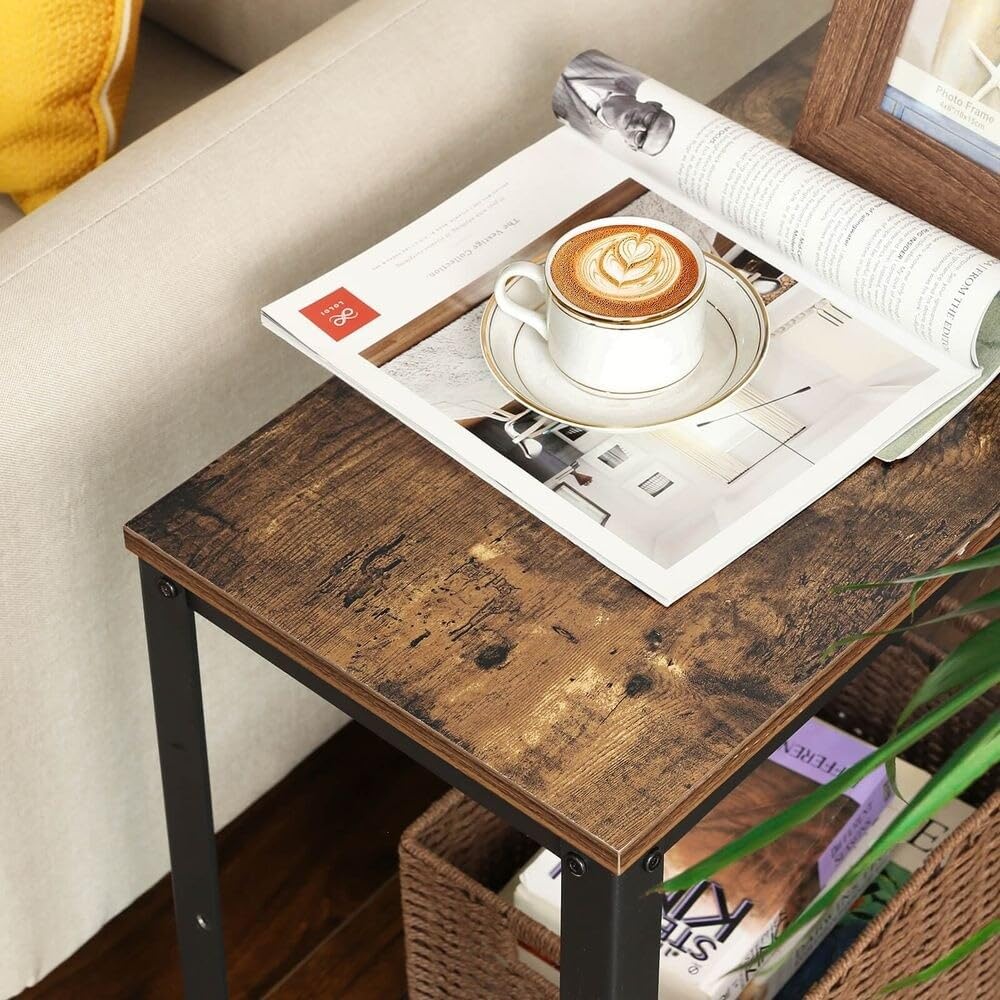 Industrial Rustic Brown Side Table with Mesh Shelf J51289