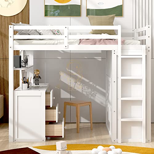Full Loft Bed with Desk, Wood, Storage Drawers, Wardrobe and Shelf, Espresso W947