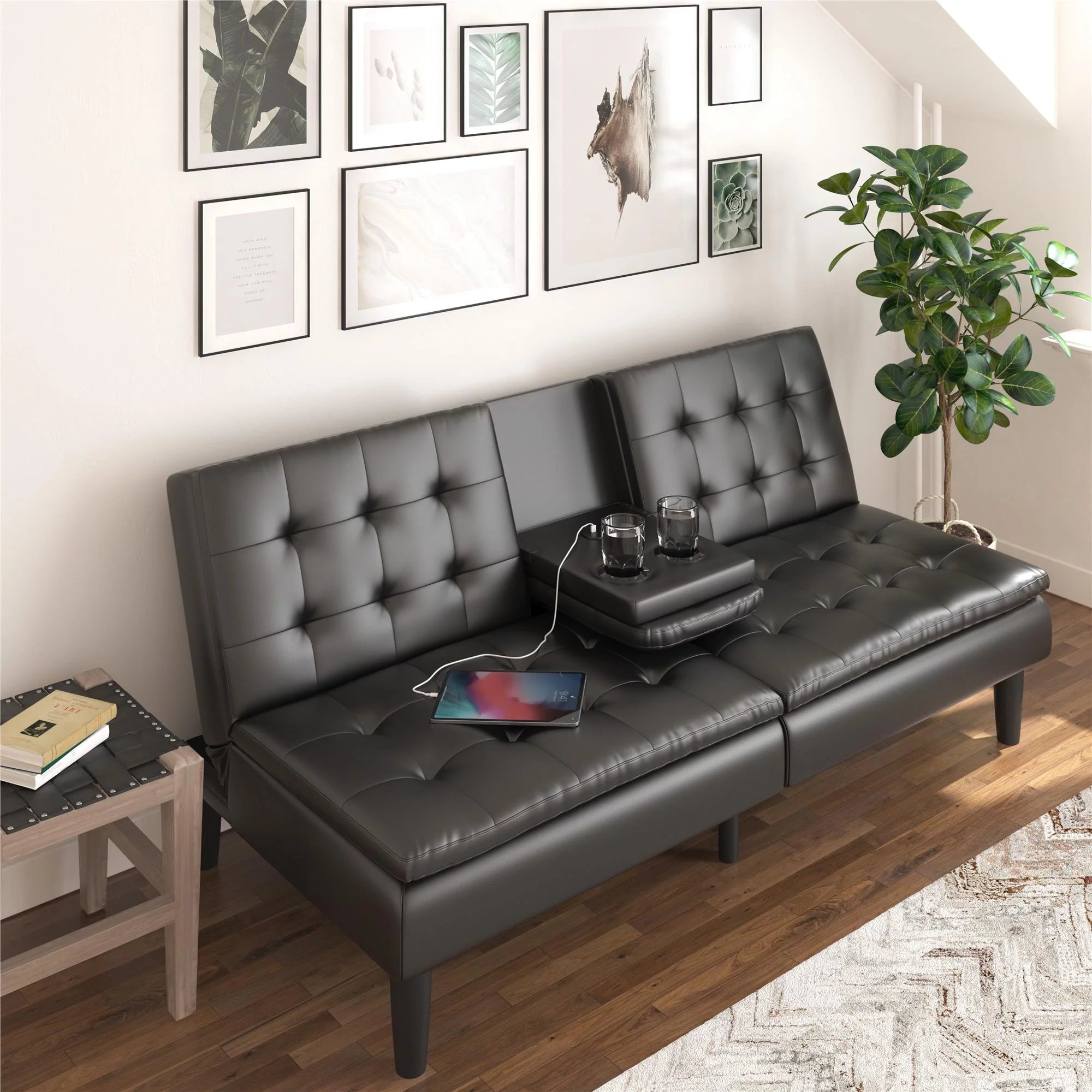 Black Faux Leather Memory Foam Futon with Cupholder and USB S276311