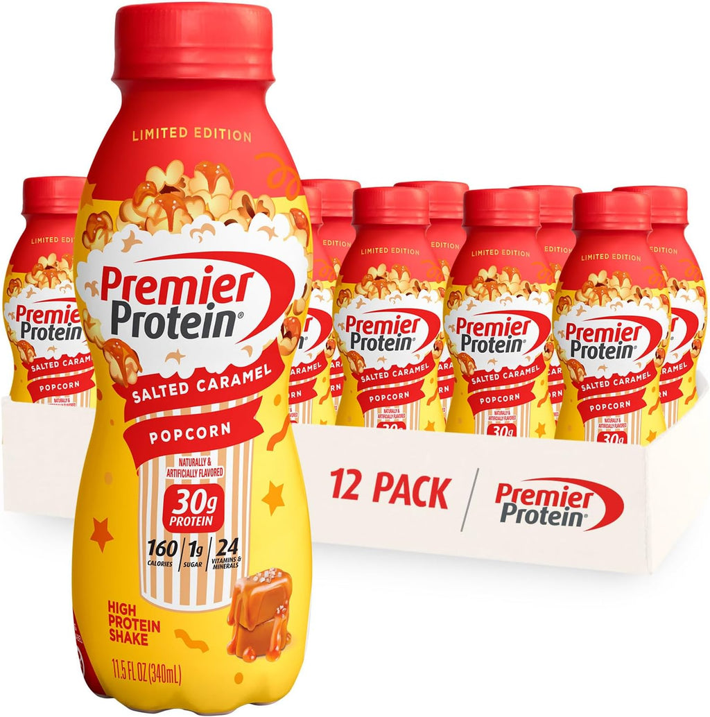 12 Pack Premier Protein Shake, 30g Protein, Salted Caramel Popcorn and Bananas & Cream Flavors V453008