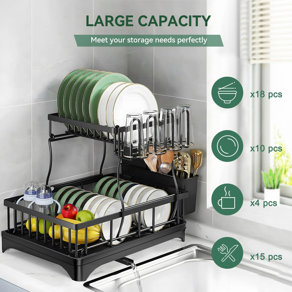 2 Tier Stainless Steel Dish Drying Rack with Drain Board B913