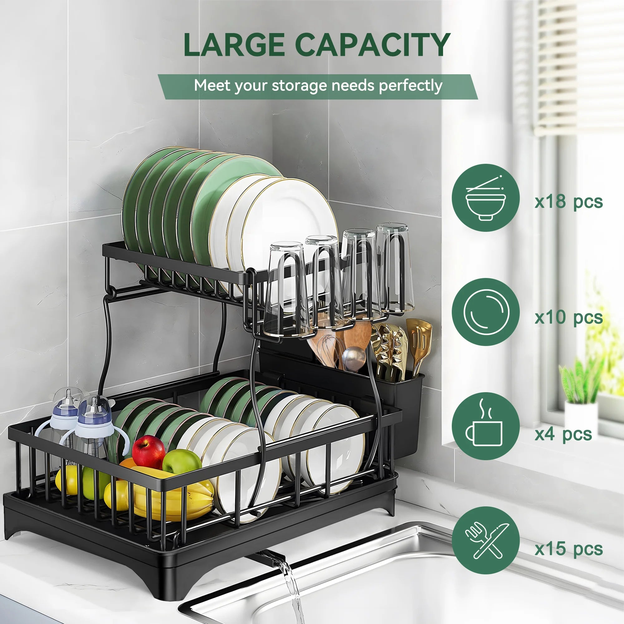 2 Tier Stainless Steel Dish Drying Rack with Drain Board B913
