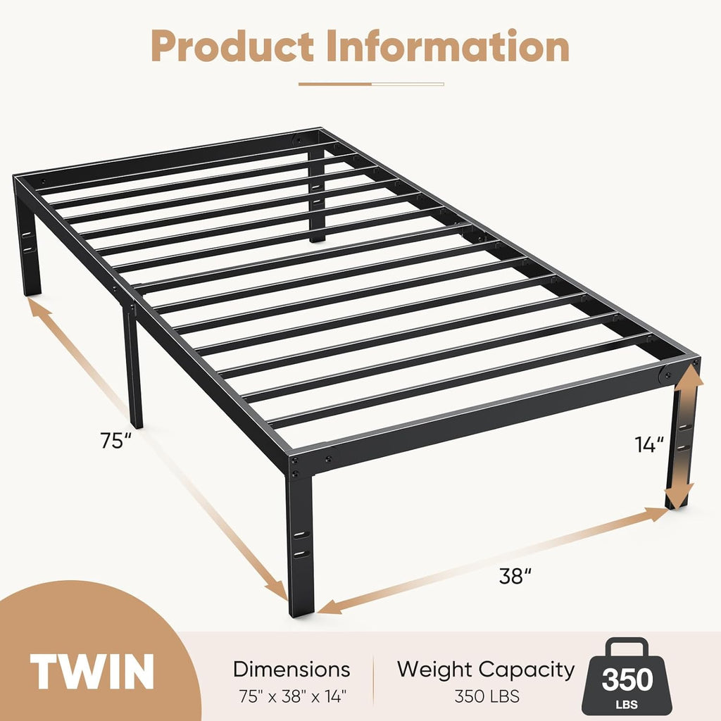 Twin Size Metal Platform Bed Frame with Steel Slat Support, Black N21211