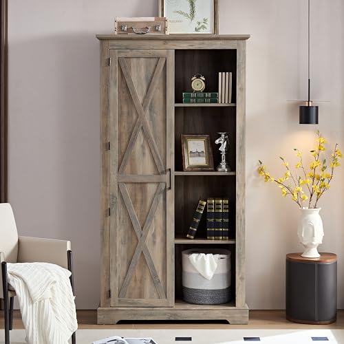 Tall Storage Cabinet Bookcase with Sliding Barn Door and Adjustable Shelf O29221