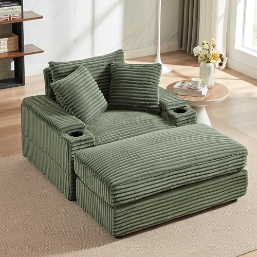 Oversized Corduroy Convertible Sleeper Sofa with Ottoman, Grey E741278