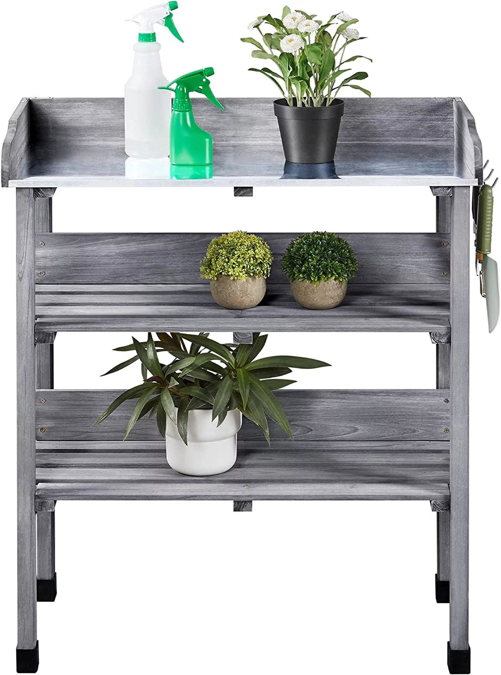 Brown Wooden Potting Bench with Metal Tabletop and Storage Shelf C4281