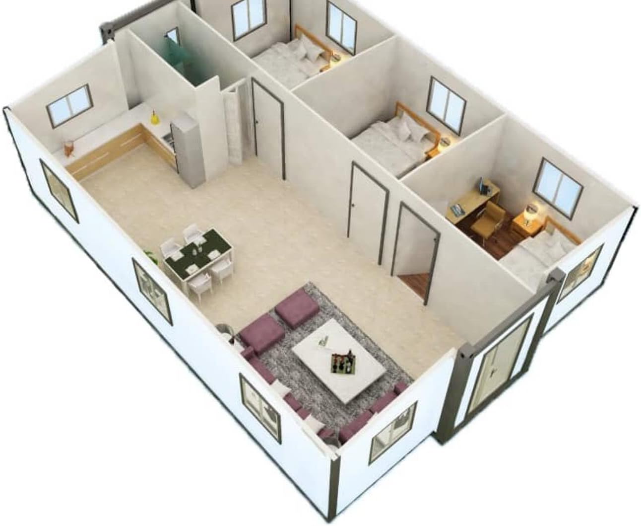 40FT Portable Prefab House with 3 Bedroom 1 Bathroom and Kitchen S775