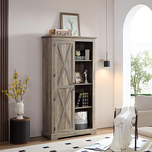 Tall Storage Cabinet Bookcase with Sliding Barn Door and Adjustable Shelf O29221