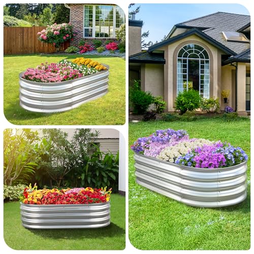 Galvanized Raised Garden Bed Planter Boxes, Large Oval Metal, Silver W2593