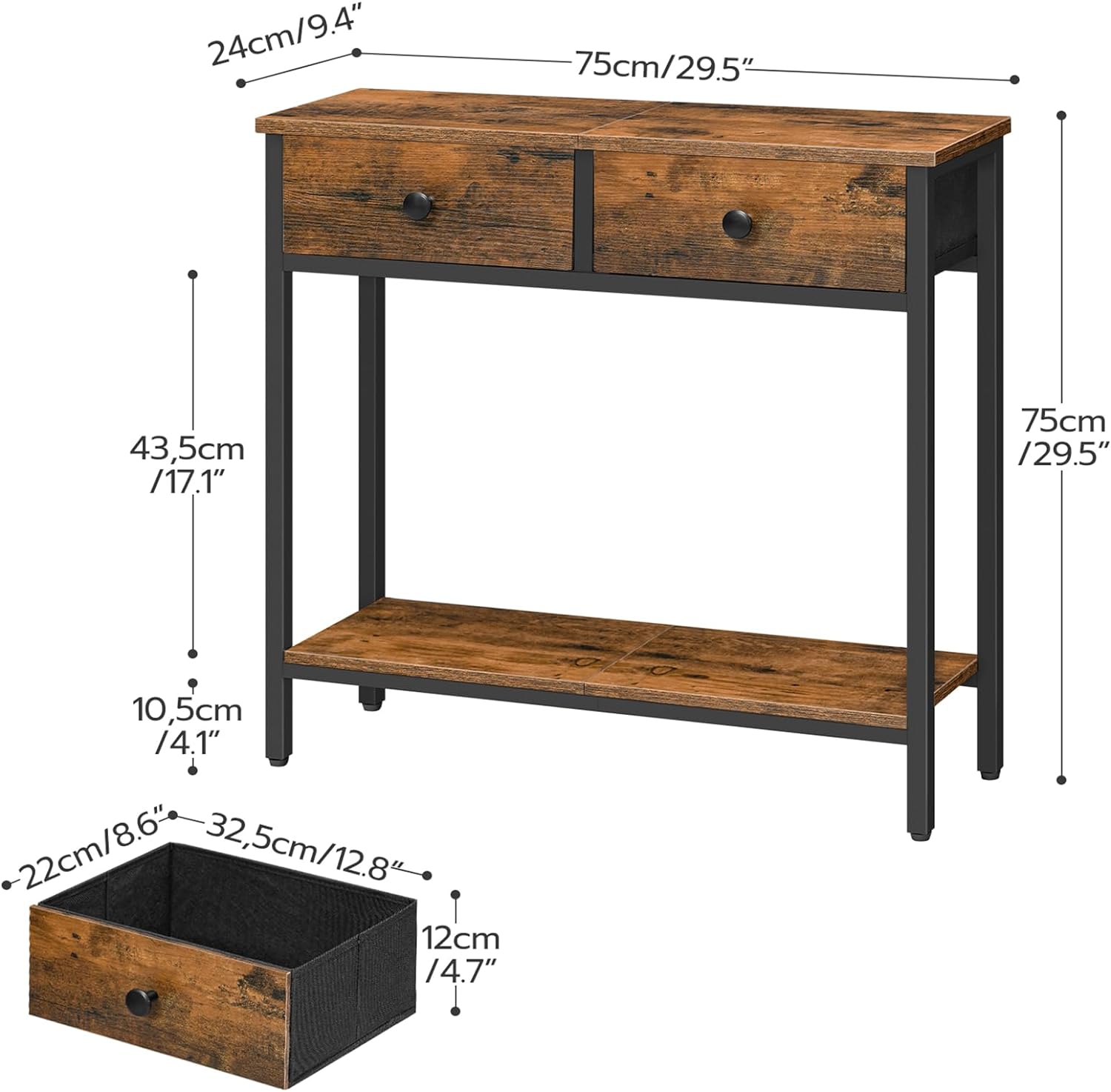 Rustic Brown and Black Narrow Console Table with 2 Fabric Drawers C643