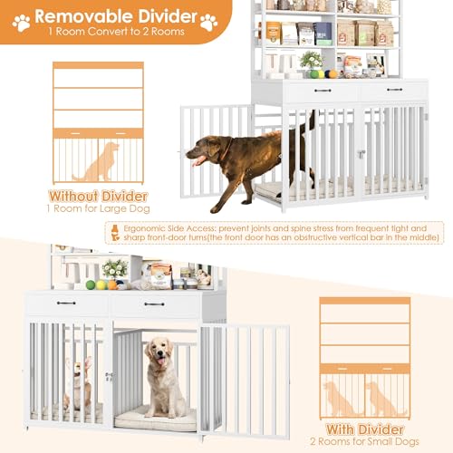 Black Wood & Metal Large Dog Crate Furniture with 4-Tier Shelves and 2 Storage Drawers B462