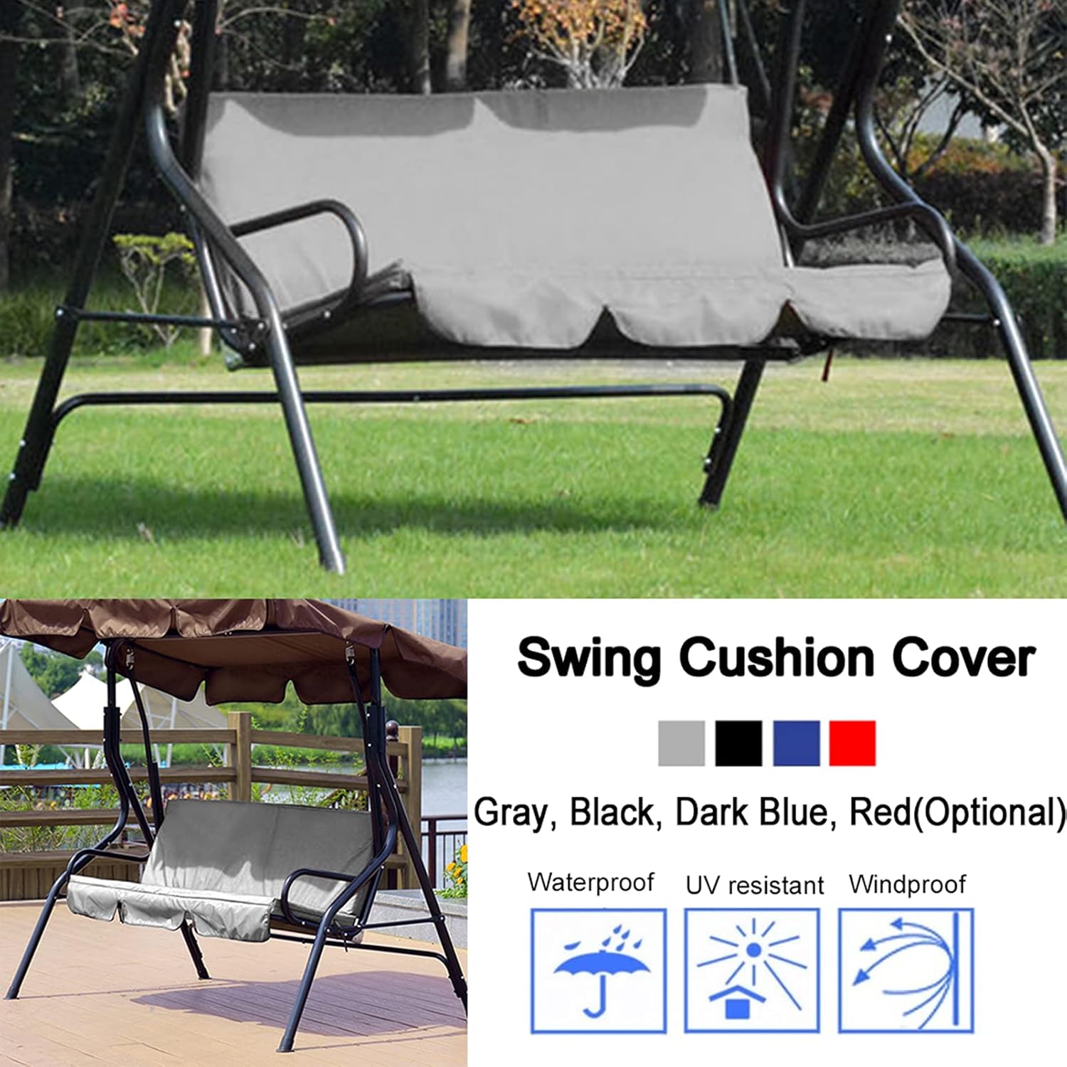 3 Seats Outdoor Canopy Swing Glider with Cushion Cover (Grey) N97562