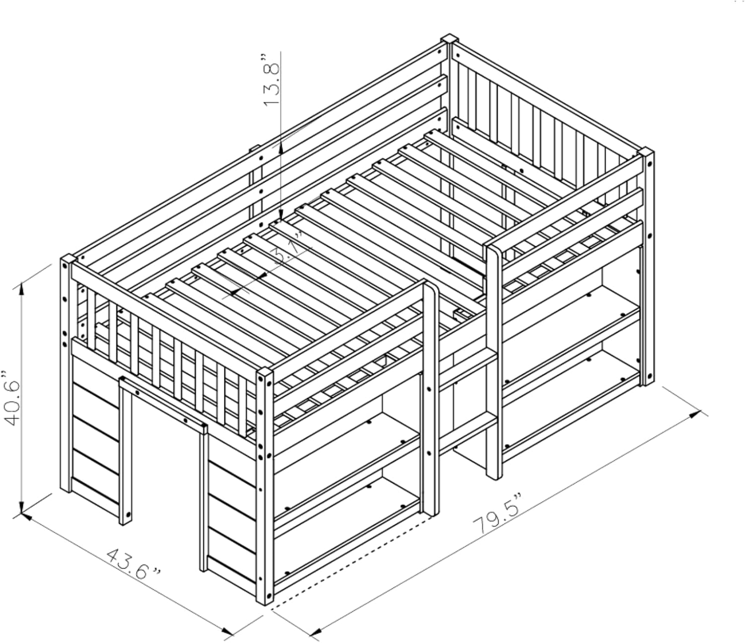 Grey LED Twin Low Loft Bed with Storage Shelves B739983
